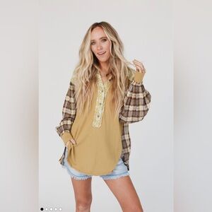 Easel Three Bird Nest Floral Plaid Mixed Print Henley Shirt